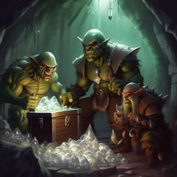 The orc named Matt and the elf called Max encountering a group of glistening slimes, vigilantly guarding a grand treasure chest in the gloomy dungeon.