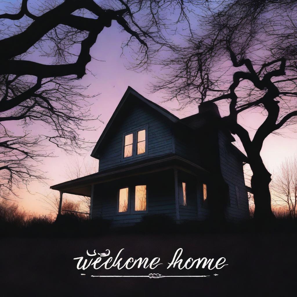 This is a high-quality photograph that captures a chilling 'Welcome Home' scene set at twilight