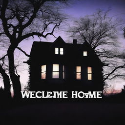 This is a high-quality photograph that captures a chilling 'Welcome Home' scene set at twilight