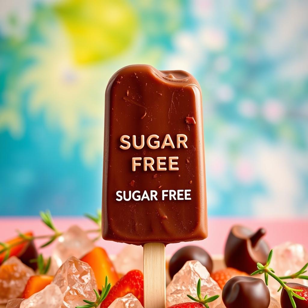 An enticing Instagram post featuring an image of the chocolate popsicle labeled "SUGAR FREE" against a vibrant and appealing background