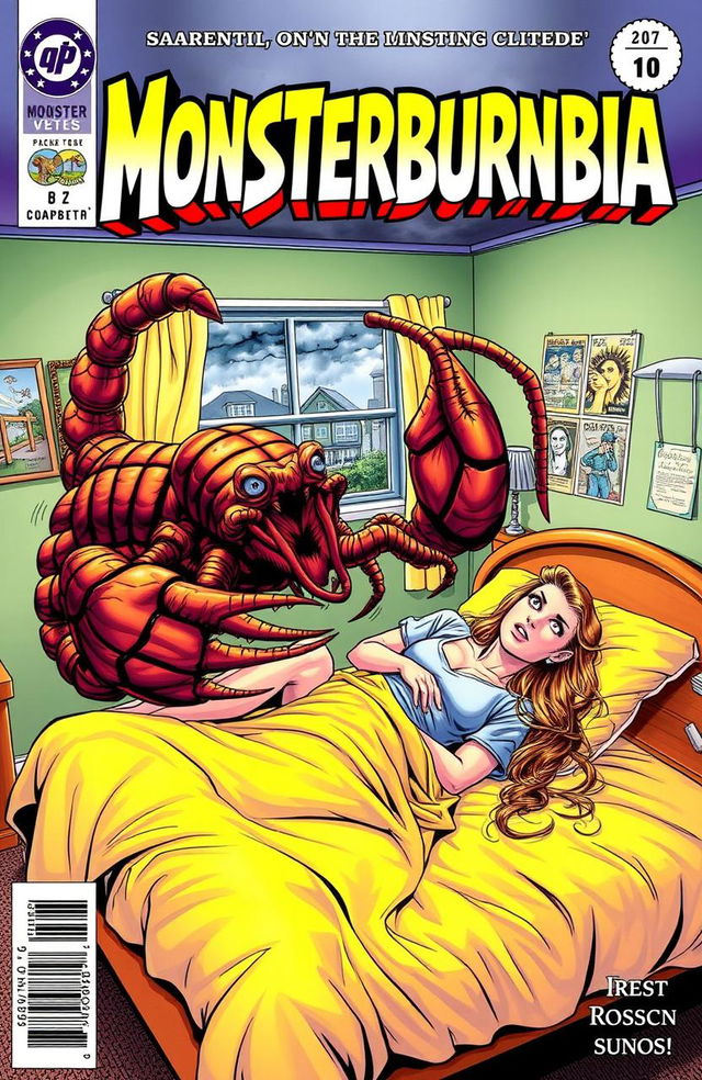 A dynamic comic book cover titled "Monsterburbia" featuring a dramatic scene where a fierce-looking giant scorpion with elongated claws is attacking a terrified woman lying on a neatly made bed