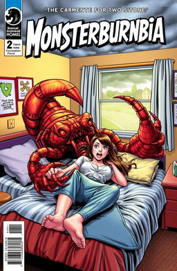 A dynamic comic book cover titled "Monsterburbia" featuring a dramatic scene where a fierce-looking giant scorpion with elongated claws is attacking a terrified woman lying on a neatly made bed