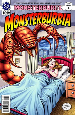 A dynamic comic book cover titled "Monsterburbia" featuring a dramatic scene where a fierce-looking giant scorpion with elongated claws is attacking a terrified woman lying on a neatly made bed