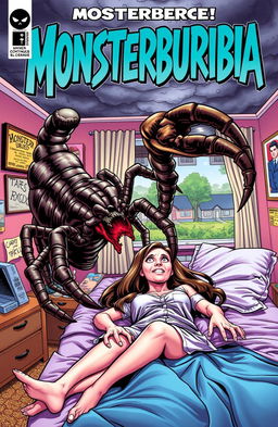 A dynamic comic book cover titled "Monsterburbia" featuring a dramatic scene where a fierce-looking giant scorpion with elongated claws is attacking a terrified woman lying on a neatly made bed