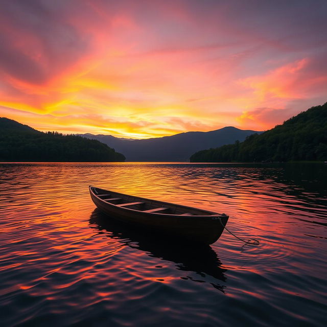 A serene landscape at sunset featuring a tranquil lake surrounded by lush green forests and distant mountains