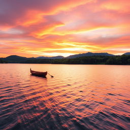A serene landscape at sunset featuring a tranquil lake surrounded by lush green forests and distant mountains