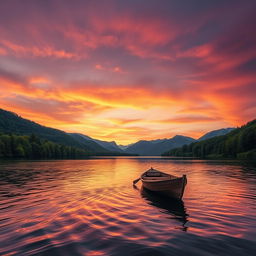 A serene landscape at sunset featuring a tranquil lake surrounded by lush green forests and distant mountains