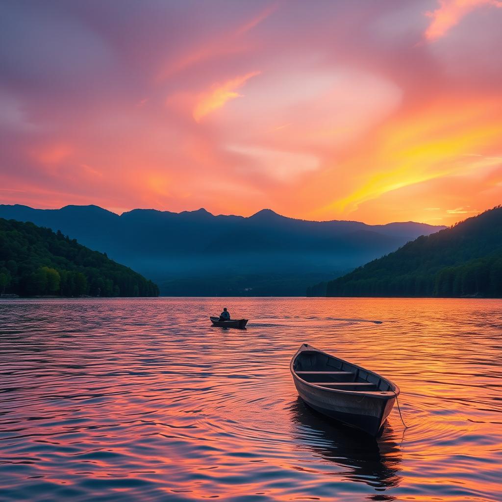 A serene landscape at sunset featuring a tranquil lake surrounded by lush green forests and distant mountains