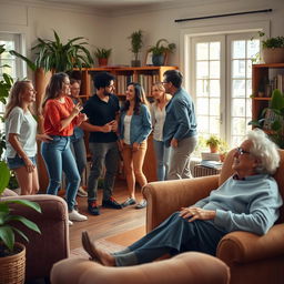 A dynamic scene in a cozy room where younger people, animated and engaged in conversation, stand in a lively posture, exuding energy and enthusiasm