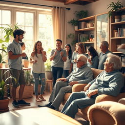 A dynamic scene in a cozy room where younger people, animated and engaged in conversation, stand in a lively posture, exuding energy and enthusiasm