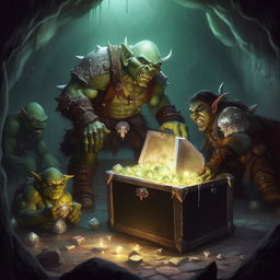 The orc named Matt and the elf called Max encountering a group of glistening slimes, vigilantly guarding a grand treasure chest in the gloomy dungeon.