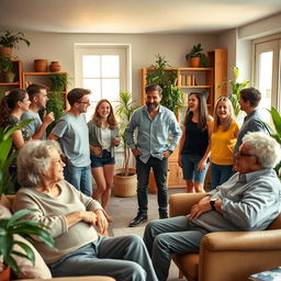 A dynamic scene in a cozy room where younger people, animated and engaged in conversation, stand in a lively posture, exuding energy and enthusiasm