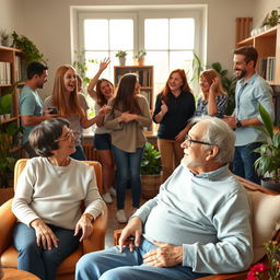 A dynamic scene in a cozy room where younger people, animated and engaged in conversation, stand in a lively posture, exuding energy and enthusiasm