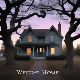 A chilling 'Welcome Home' scene set at twilight, captured in a high-quality photograph