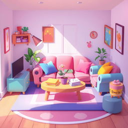 A 2D living room design for a one-on-one setting in the style of the game IncredyBox, tailored for a female character