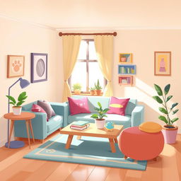 A 2D living room design for a one-on-one setting in the style of the game IncredyBox, tailored for a female character
