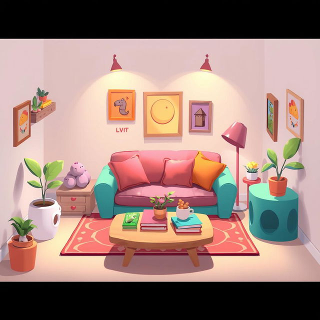 A 2D living room design for a one-on-one setting in the style of the game IncredyBox, tailored for a female character