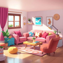 A 2D living room design for a one-on-one setting in the style of the game IncredyBox, tailored for a female character