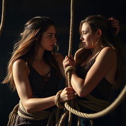 A medium shot depicting a tense yet triumphant moment where Tyla is freeing her friend from tightly bound ropes