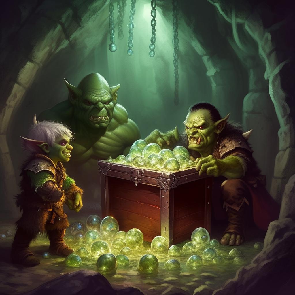 The orc named Matt and the elf called Max encountering a group of glistening slimes, vigilantly guarding a grand treasure chest in the gloomy dungeon.