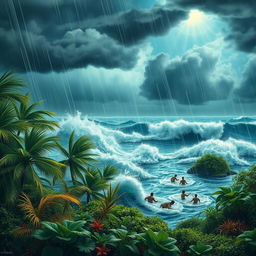 A vibrant and dramatic scene depicting a fierce storm with strong winds and heavy rainfall affecting a lush landscape