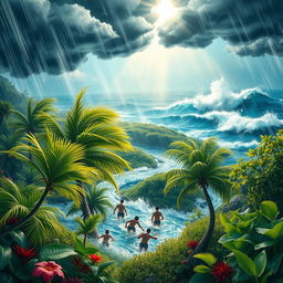 A vibrant and dramatic scene depicting a fierce storm with strong winds and heavy rainfall affecting a lush landscape
