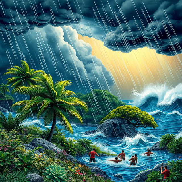 A vibrant and dramatic scene depicting a fierce storm with strong winds and heavy rainfall affecting a lush landscape