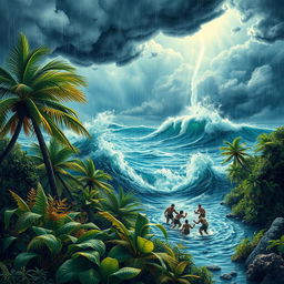 A vibrant and dramatic scene depicting a fierce storm with strong winds and heavy rainfall affecting a lush landscape