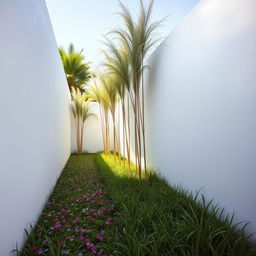 At the end of a pristine white wall, a serene yard unfolds showcasing a vibrant string of bedseeds intertwined with lush green grass