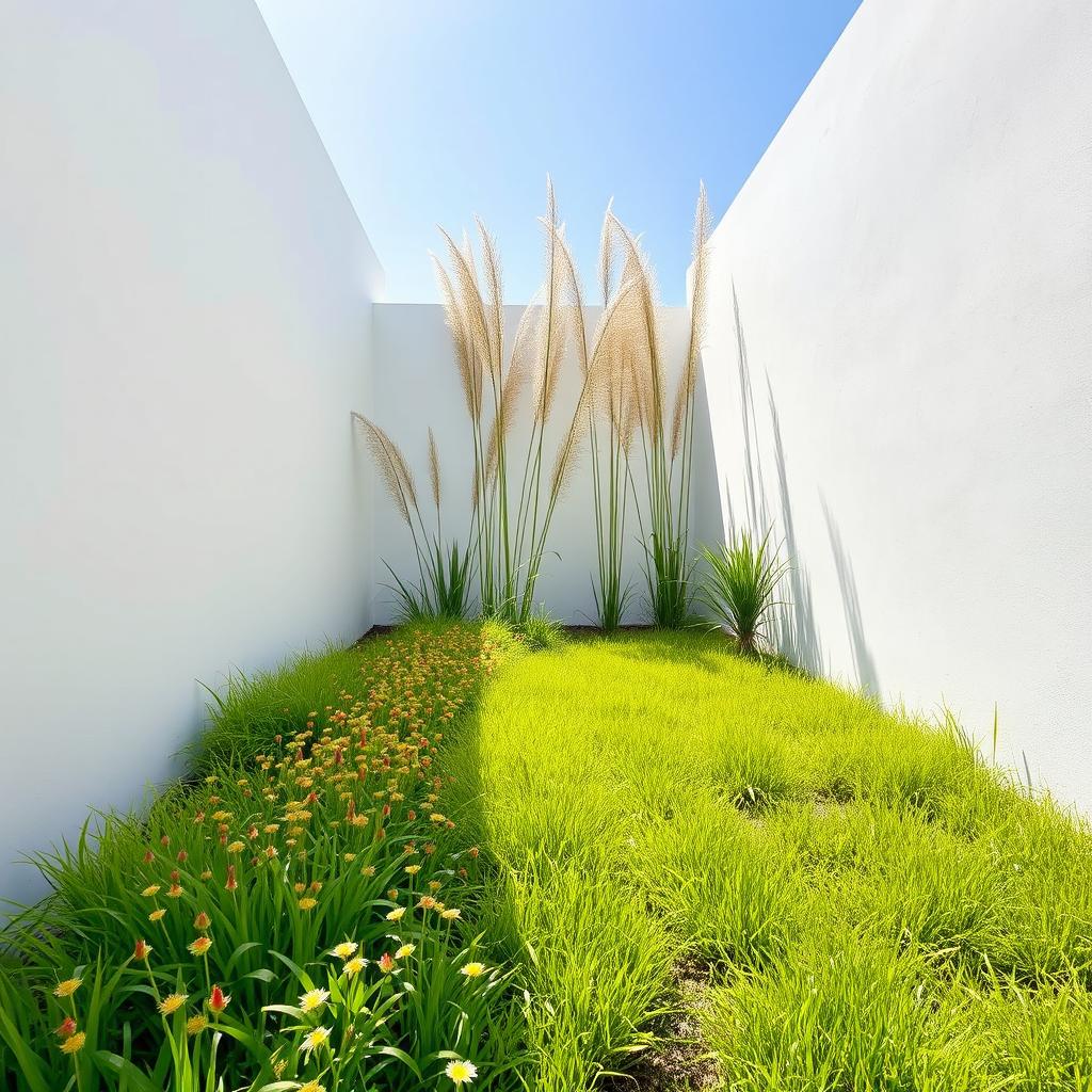 At the end of a pristine white wall, a serene yard unfolds showcasing a vibrant string of bedseeds intertwined with lush green grass