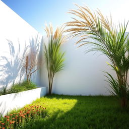 At the end of a pristine white wall, a serene yard unfolds showcasing a vibrant string of bedseeds intertwined with lush green grass