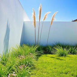 At the end of a pristine white wall, a serene yard unfolds showcasing a vibrant string of bedseeds intertwined with lush green grass