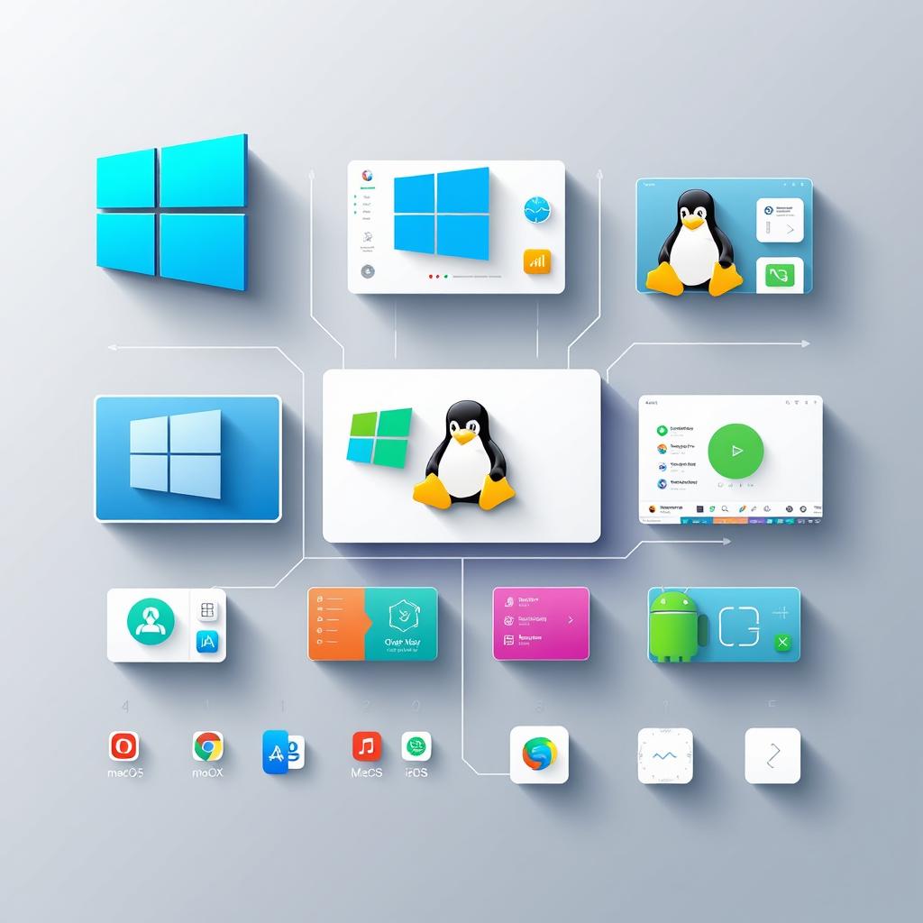 A stunning visual representation showcasing various types of operating systems, including Windows, macOS, Linux, and mobile OS like Android and iOS