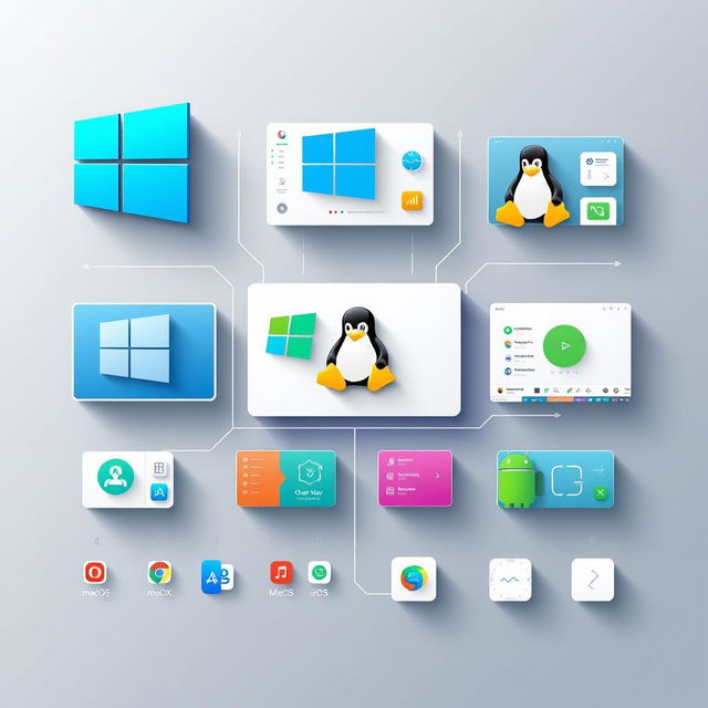 A stunning visual representation showcasing various types of operating systems, including Windows, macOS, Linux, and mobile OS like Android and iOS