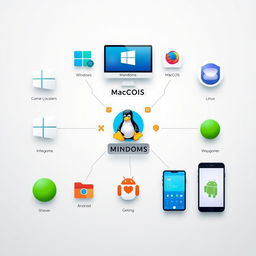 A stunning visual representation showcasing various types of operating systems, including Windows, macOS, Linux, and mobile OS like Android and iOS