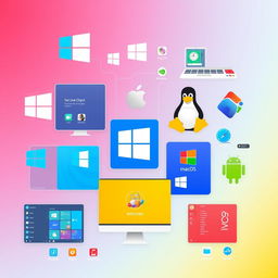 A stunning visual representation showcasing various types of operating systems, including Windows, macOS, Linux, and mobile OS like Android and iOS