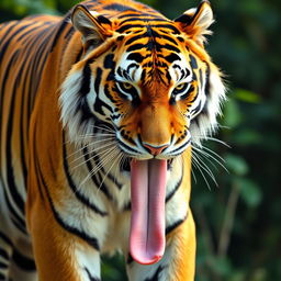 A magnificent tiger standing proudly, extending its long tongue outward