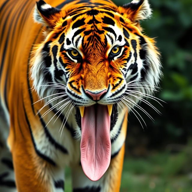 A magnificent tiger standing proudly, extending its long tongue outward