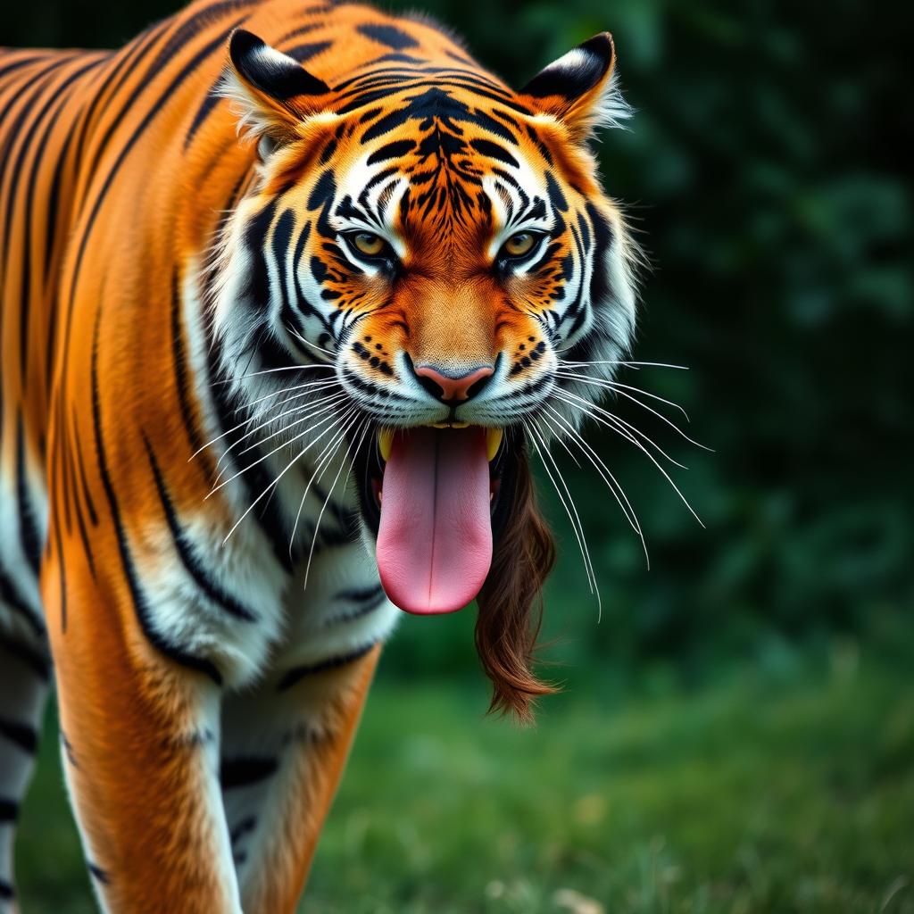 A magnificent tiger standing proudly, extending its long tongue outward