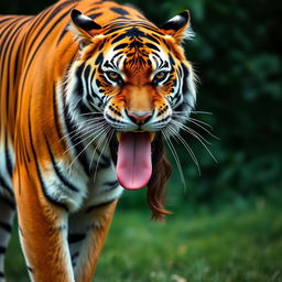 A magnificent tiger standing proudly, extending its long tongue outward