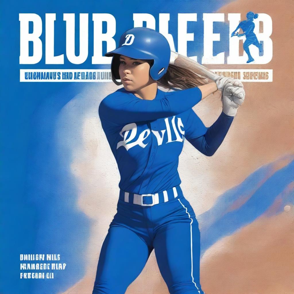 A high-quality digitally illustrated book cover featuring a softball player in a blue uniform emblazoned with the words 'Blue Devils'