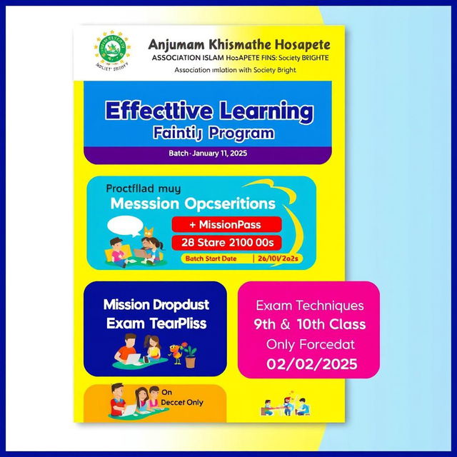 A vibrant educational poster for 'Anjumam Khismathe Islam Hosapete Association With: Society Bright'