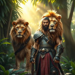 A captivating scene where a warrior stands proudly beside a powerful lion in an exotic environment
