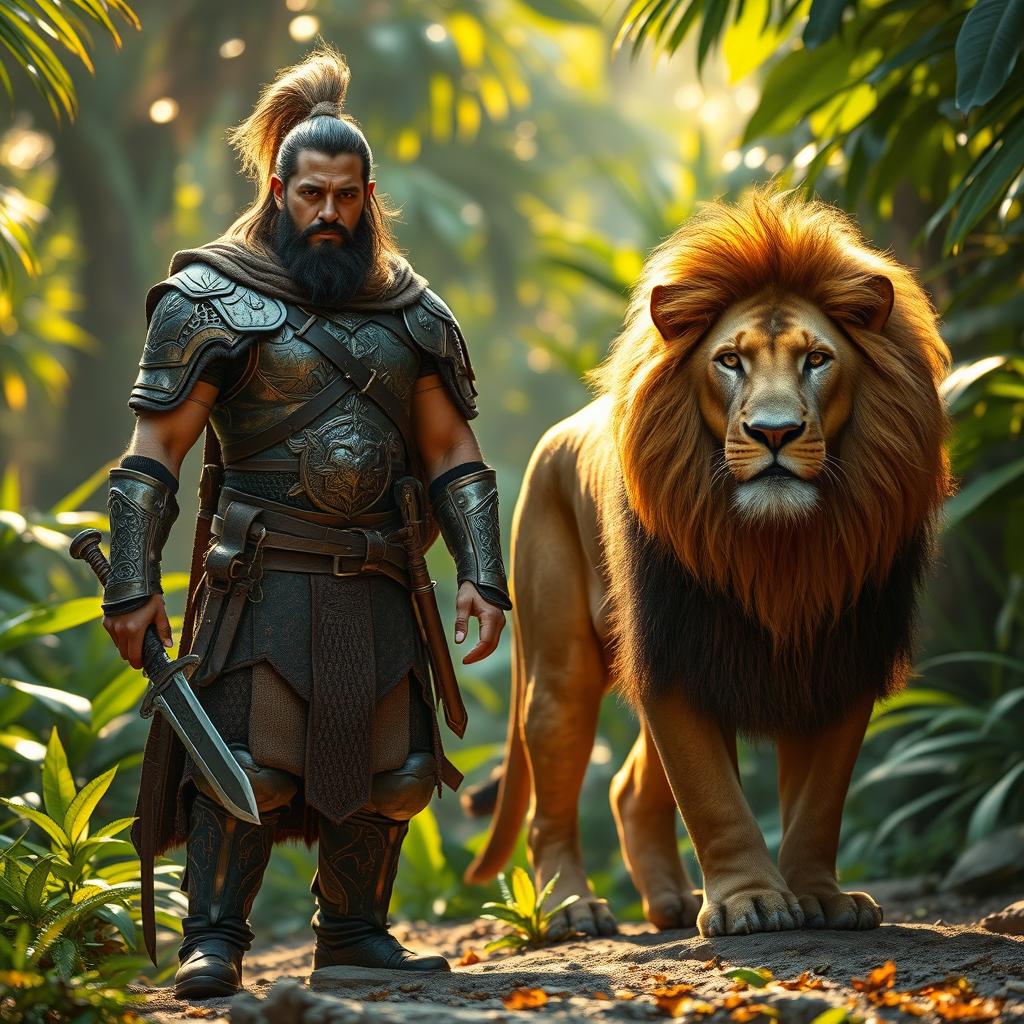 A captivating scene where a warrior stands proudly beside a powerful lion in an exotic environment