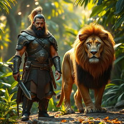 A captivating scene where a warrior stands proudly beside a powerful lion in an exotic environment