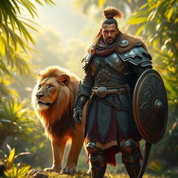 A captivating scene where a warrior stands proudly beside a powerful lion in an exotic environment