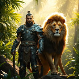 A captivating scene where a warrior stands proudly beside a powerful lion in an exotic environment