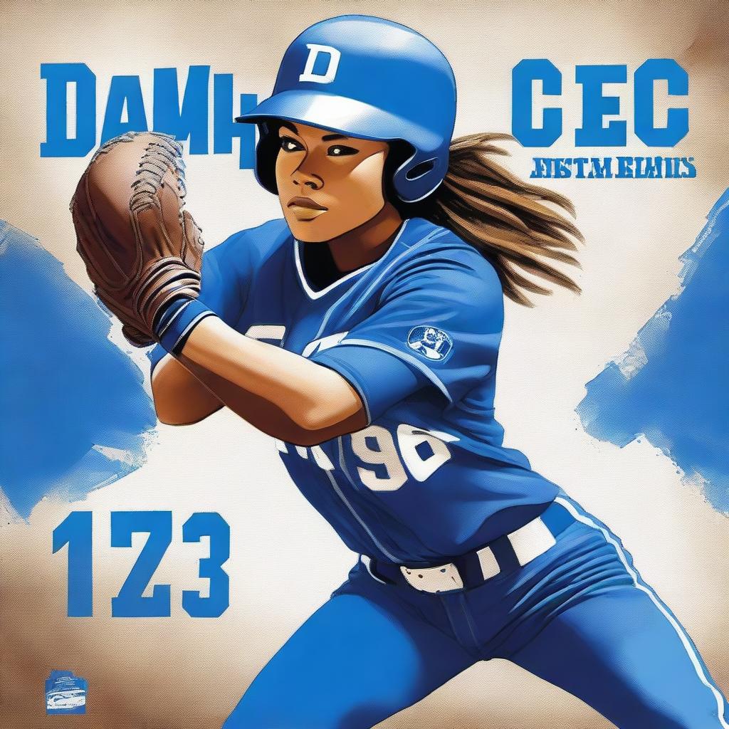 A vibrant, digital art book cover showcasing a softball player in a striking blue uniform, with 'Blue Devils' inscribed on it