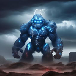 An imposing, large blue stone golem with glowing red eyes, sharp, jagged features, standing amidst a lightning storm in a desolate landscape.