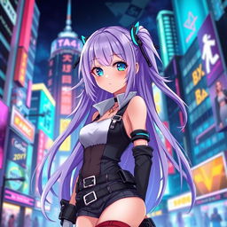 A beautifully designed anime girl with long, flowing lavender hair and sparkling blue eyes, wearing a fashionable, futuristic outfit that blends elements of cyberpunk and fantasy